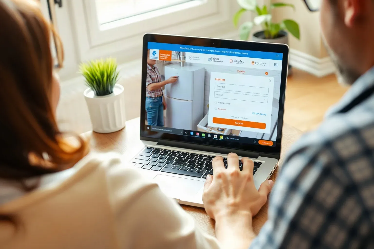 A homeowner on a laptop submitting a boiler repair booking form on a heating company website