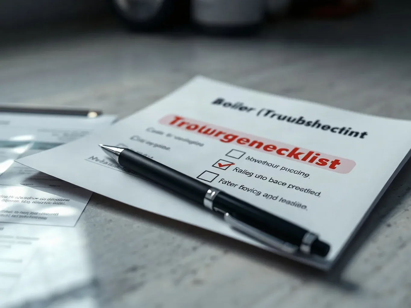 A printed boiler troubleshooting checklist laid on a worktop with a pen resting on it