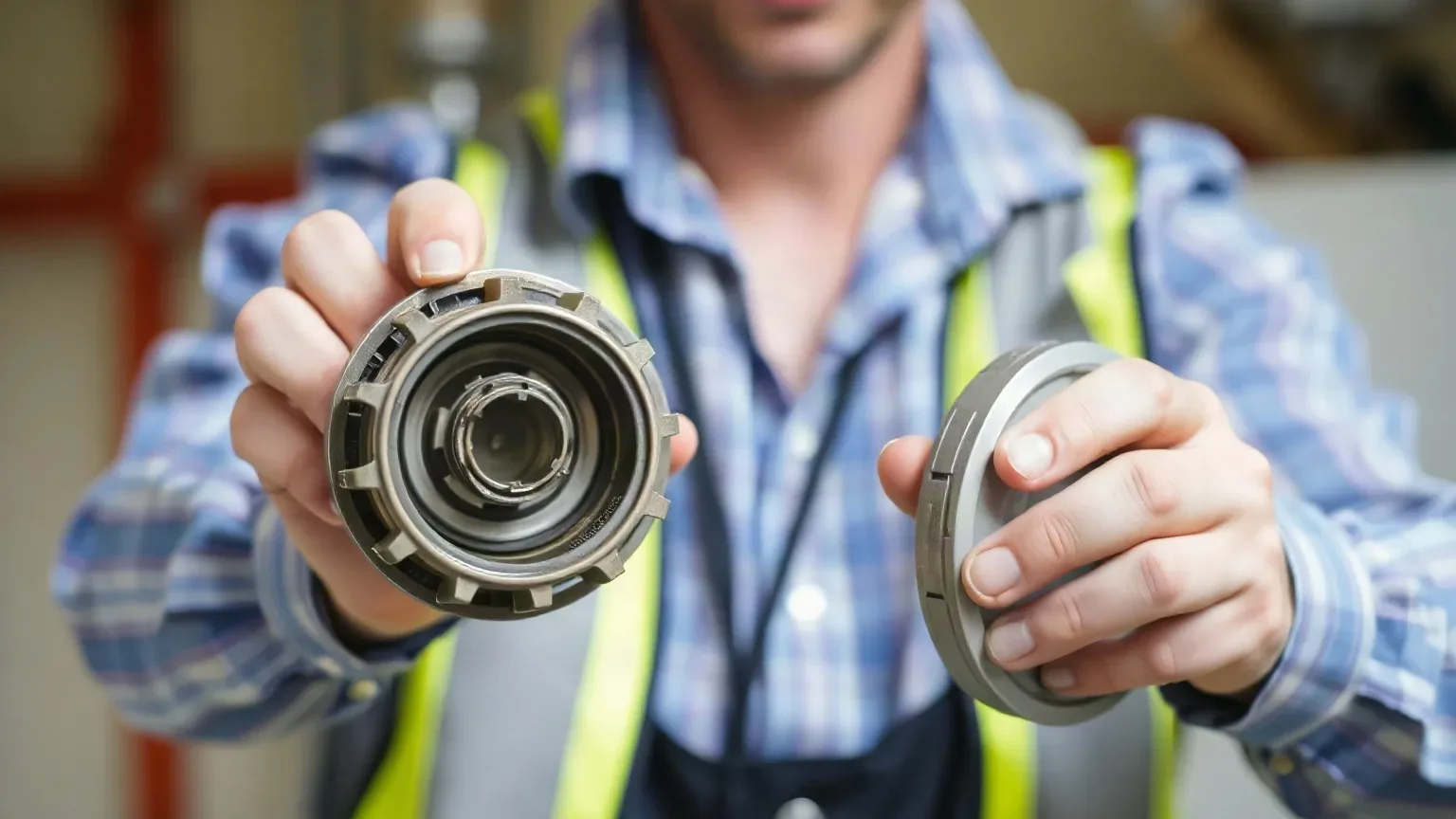A worker in a hi-vis vest holds up two metal mechanical components towards the camera in an industrial setting.