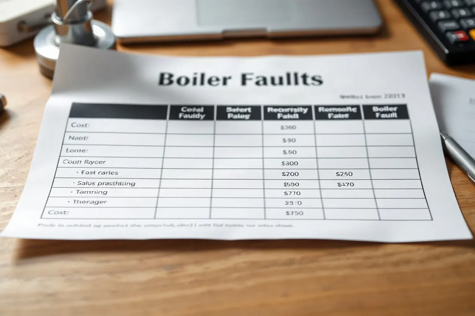 A printed table listing boiler fault types with cost ranges next to each, on a desk