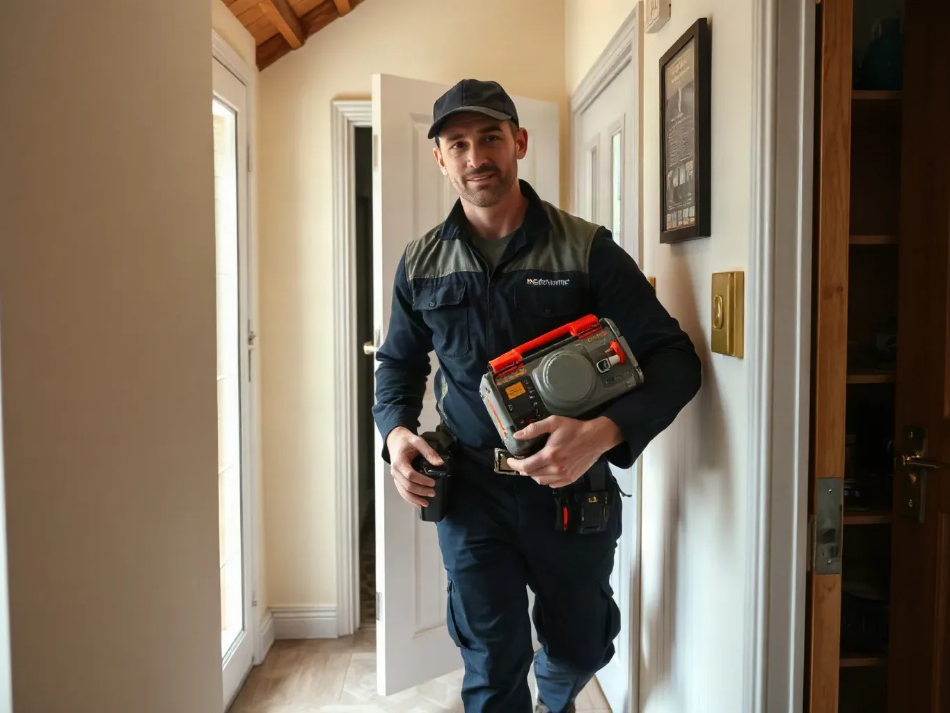 A technician in a navy uniform carries diagnostic equipment whilst walking through a hallway inside a home.