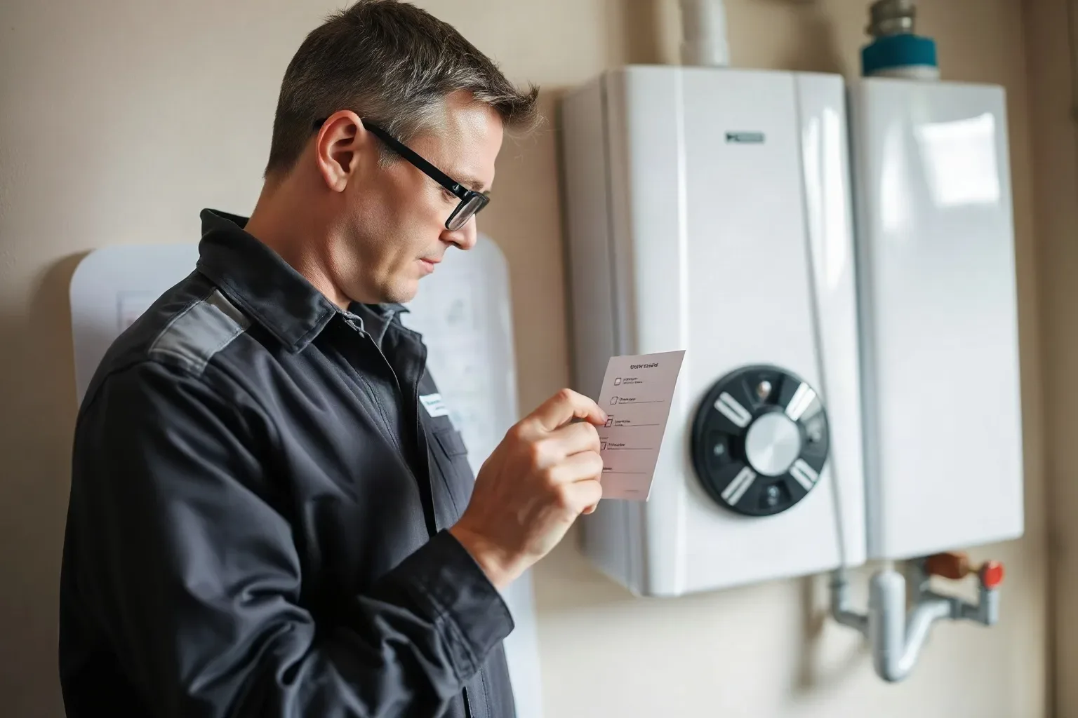 A technician in dark workwear examines a small card whilst standing beside a wall-mounted boiler indoors.