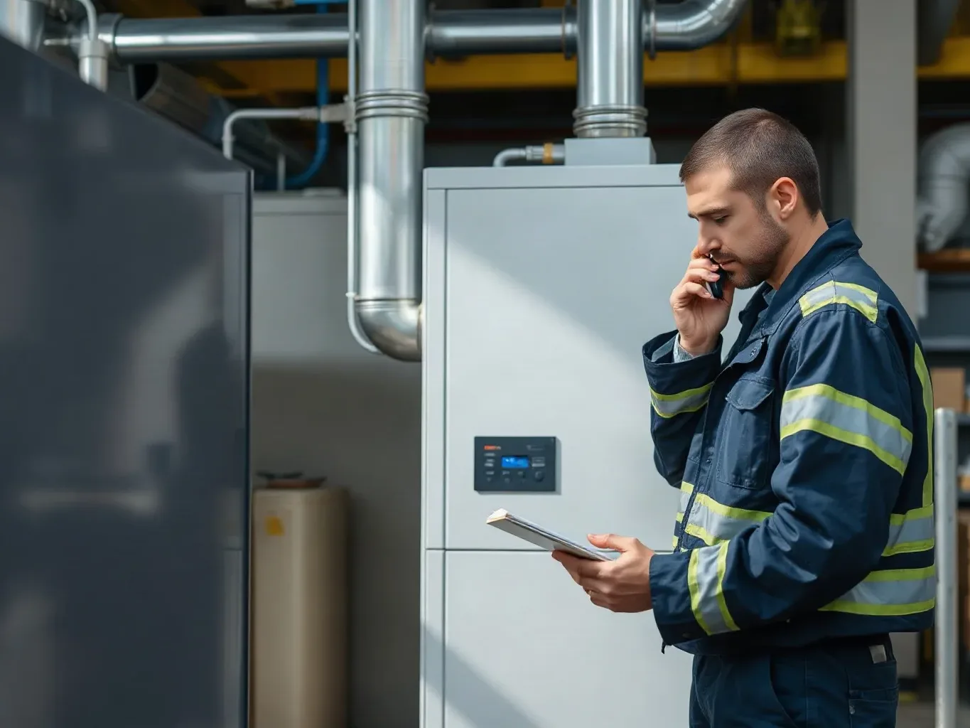 An engineer on a phone call standing beside a boiler, reading part numbers from the unit's data plate