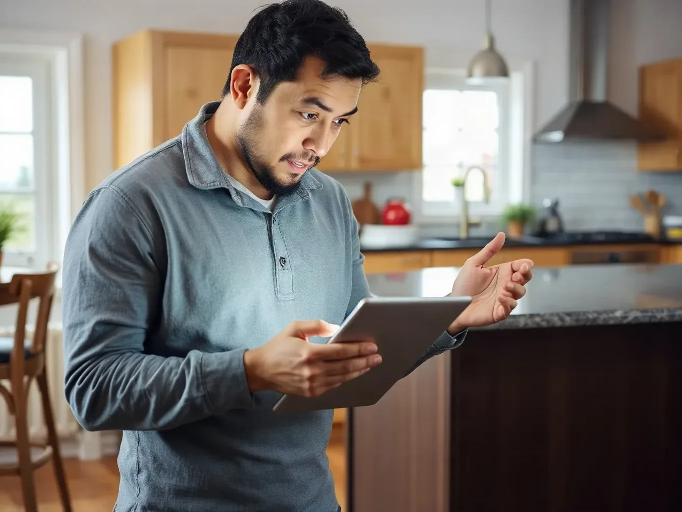 A homeowner using a tablet to read boiler repair pricing FAQs while sitting at a kitchen island