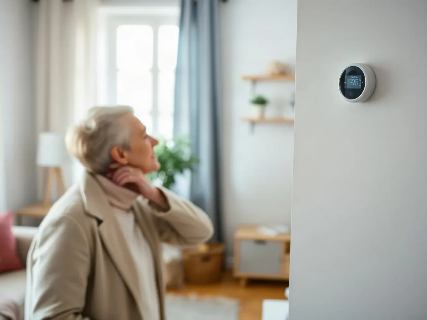 A homeowner in a cold living room wearing a coat indoors, checking a non-responsive thermostat on the wall