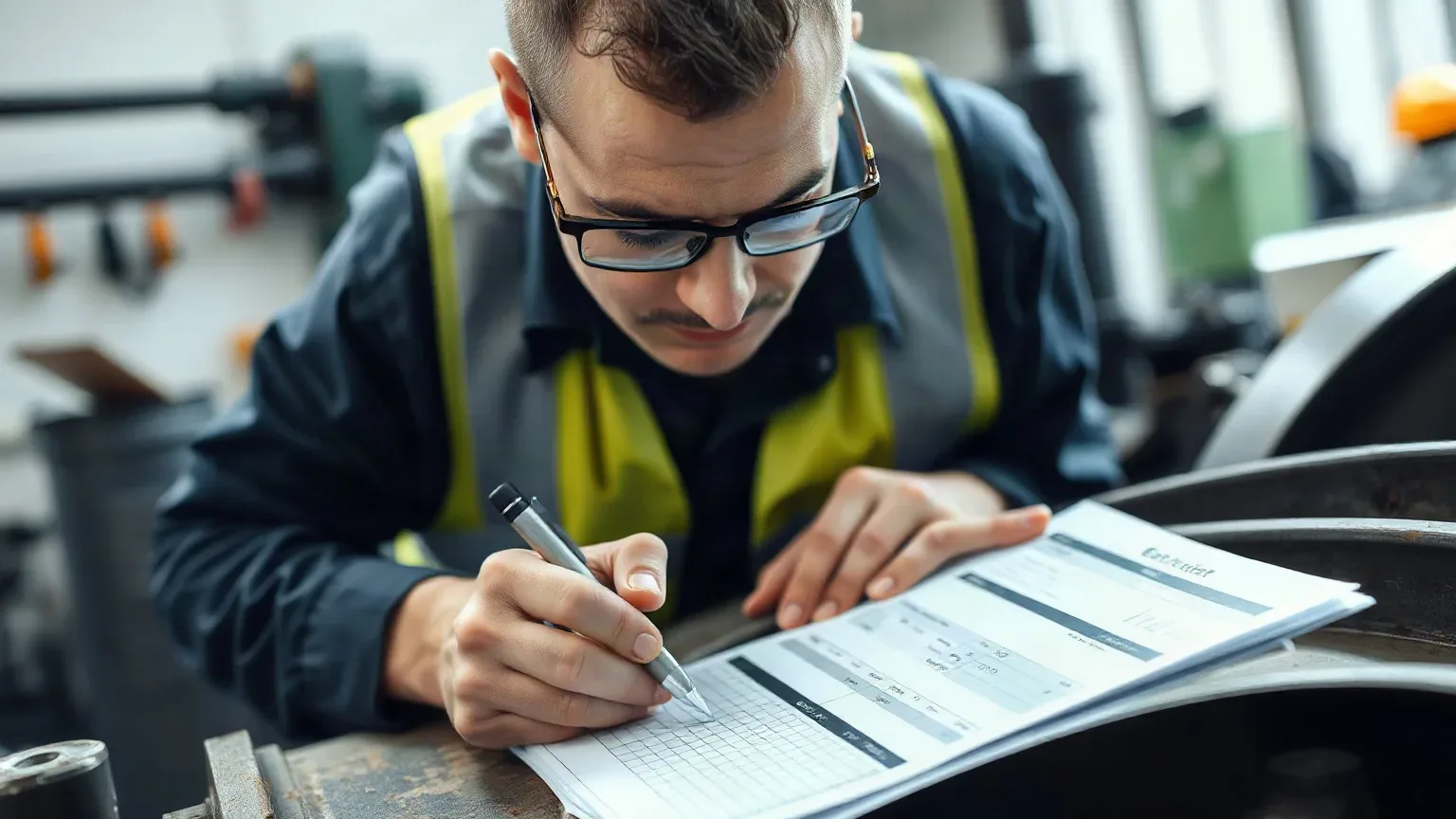 An engineer writing a repair cost estimate on a job sheet resting on top of a boiler casing