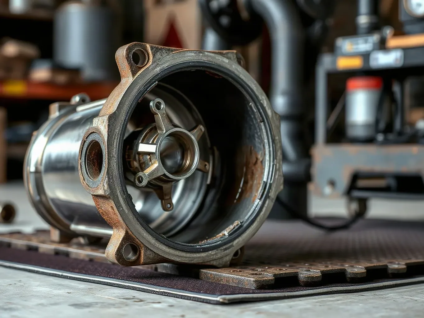 A close-up of a broken heat exchanger component removed from a boiler, placed on a workshop mat