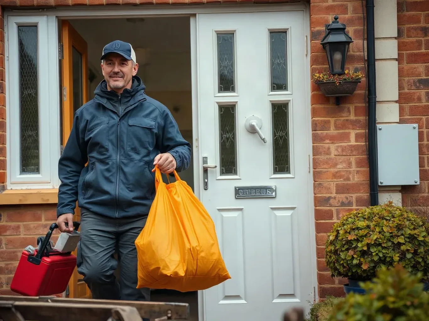 An engineer arriving at a front door carrying a toolbox and a bag of replacement boiler parts