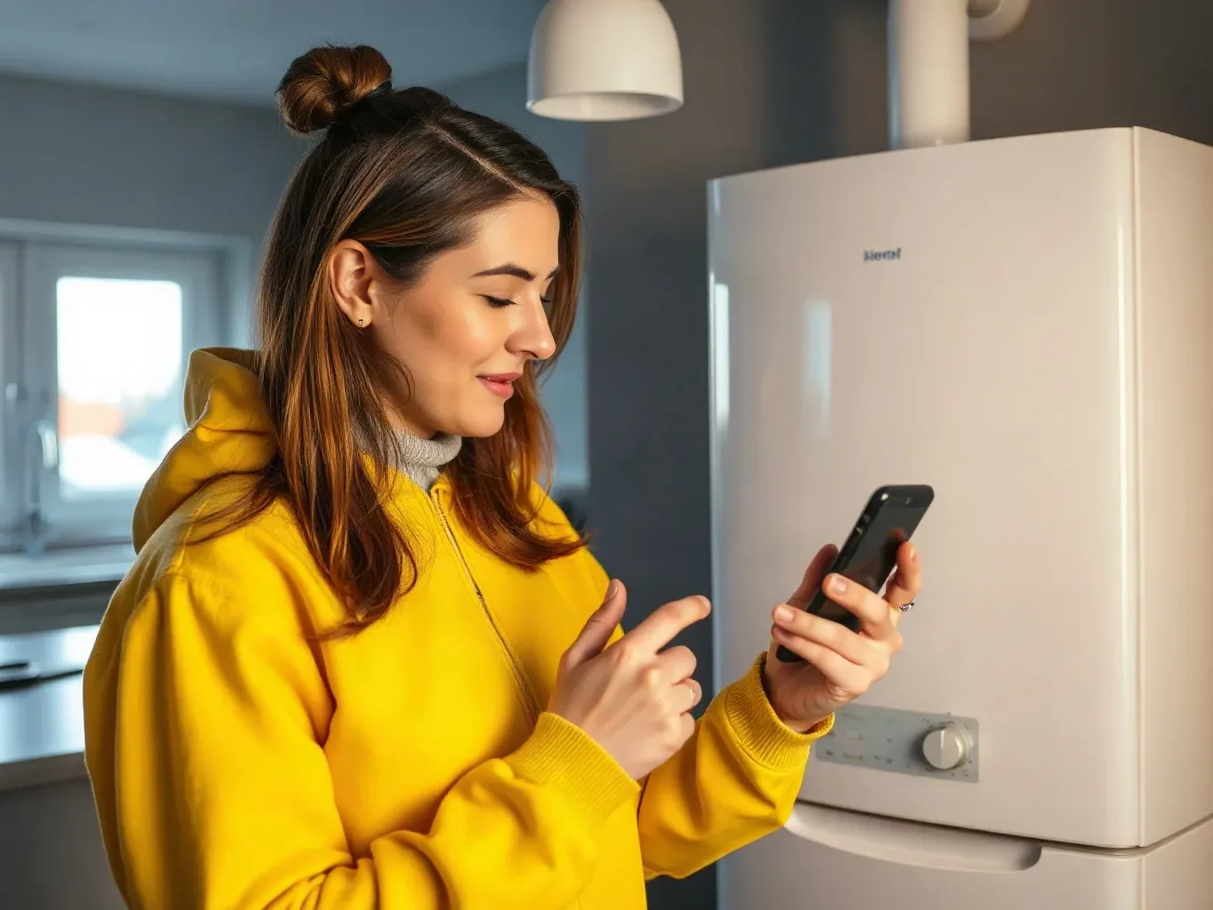 A person in a yellow hoodie uses a smartphone whilst standing next to a wall-mounted boiler indoors.