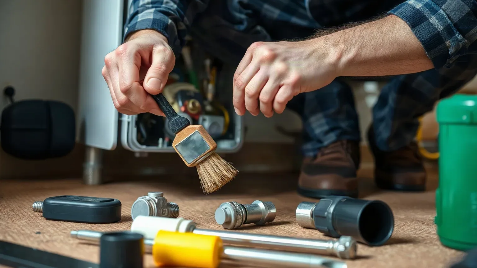 A person in a plaid shirt holds a small brush over an array of plumbing parts and fittings on the floor.