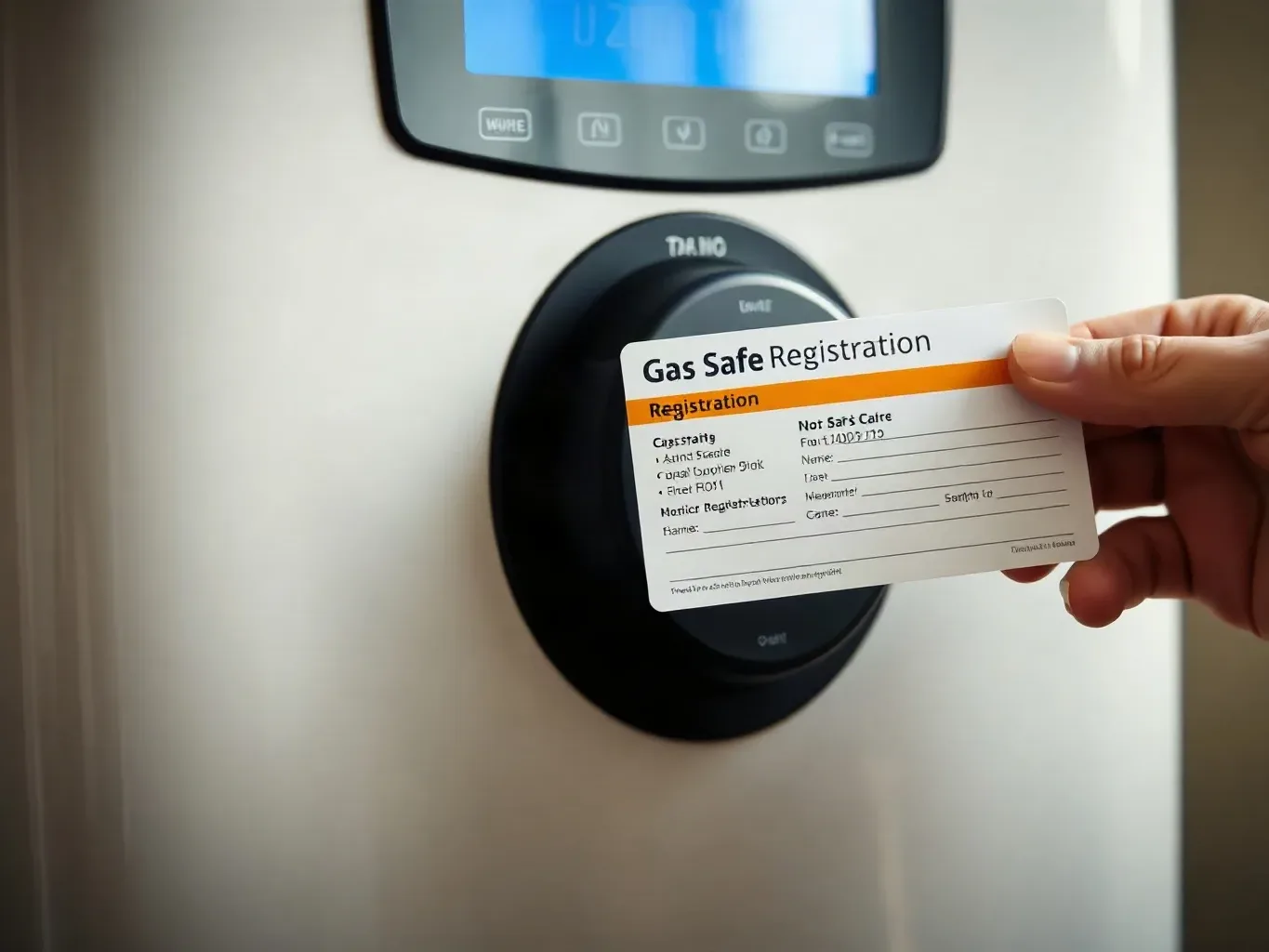 A person holds a gas safe registration card in front of a wall-mounted boiler control panel.