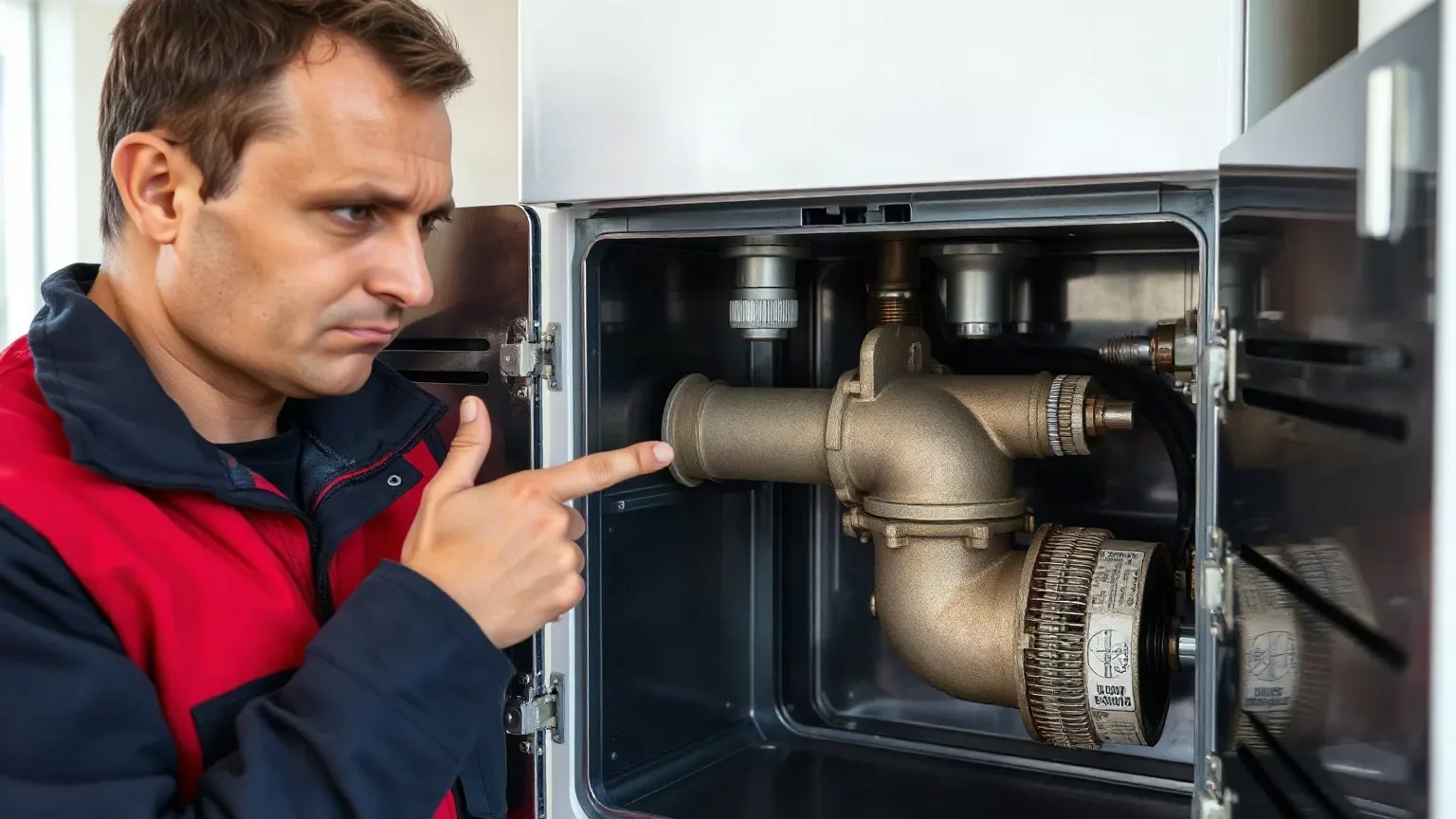 A technician in a red and navy jacket points at brass pipework inside an open panel of a boiler unit.
