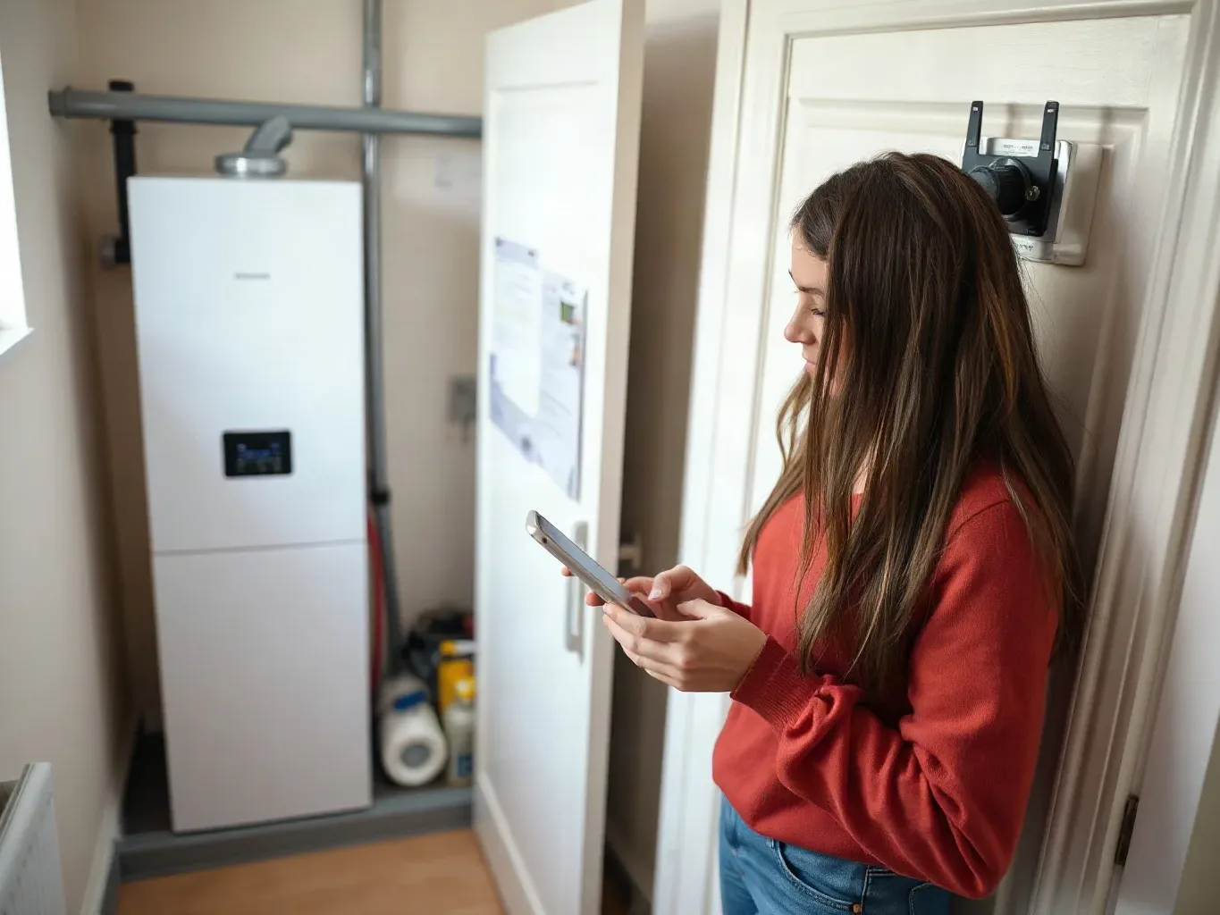 A person booking a boiler service appointment on a mobile phone while standing in a utility room