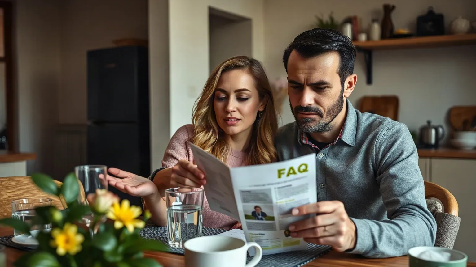 A couple looking at a boiler service FAQ leaflet together at a dining table