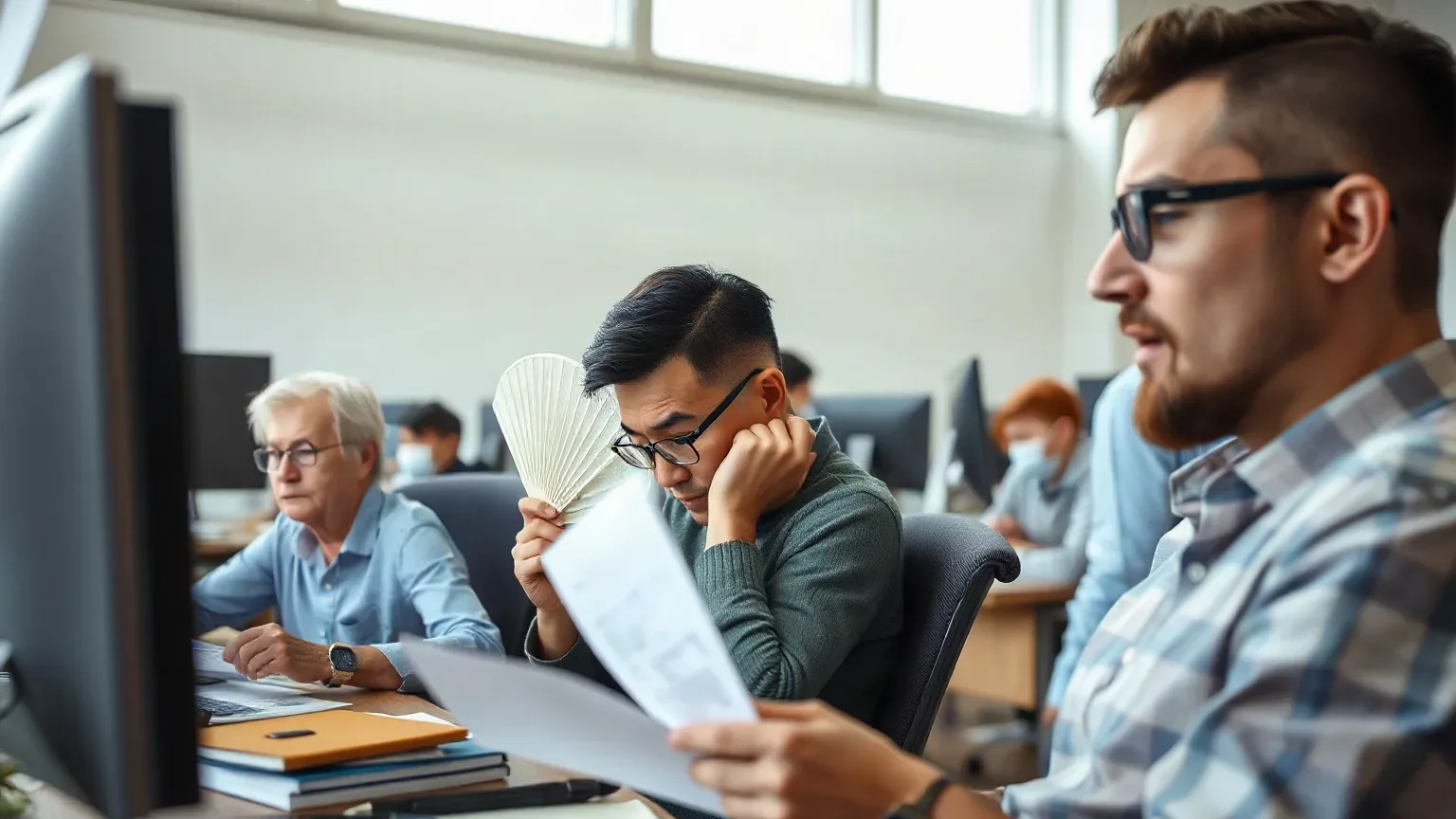 Office workers visibly uncomfortable at their desks in a warm environment, fanning themselves with papers