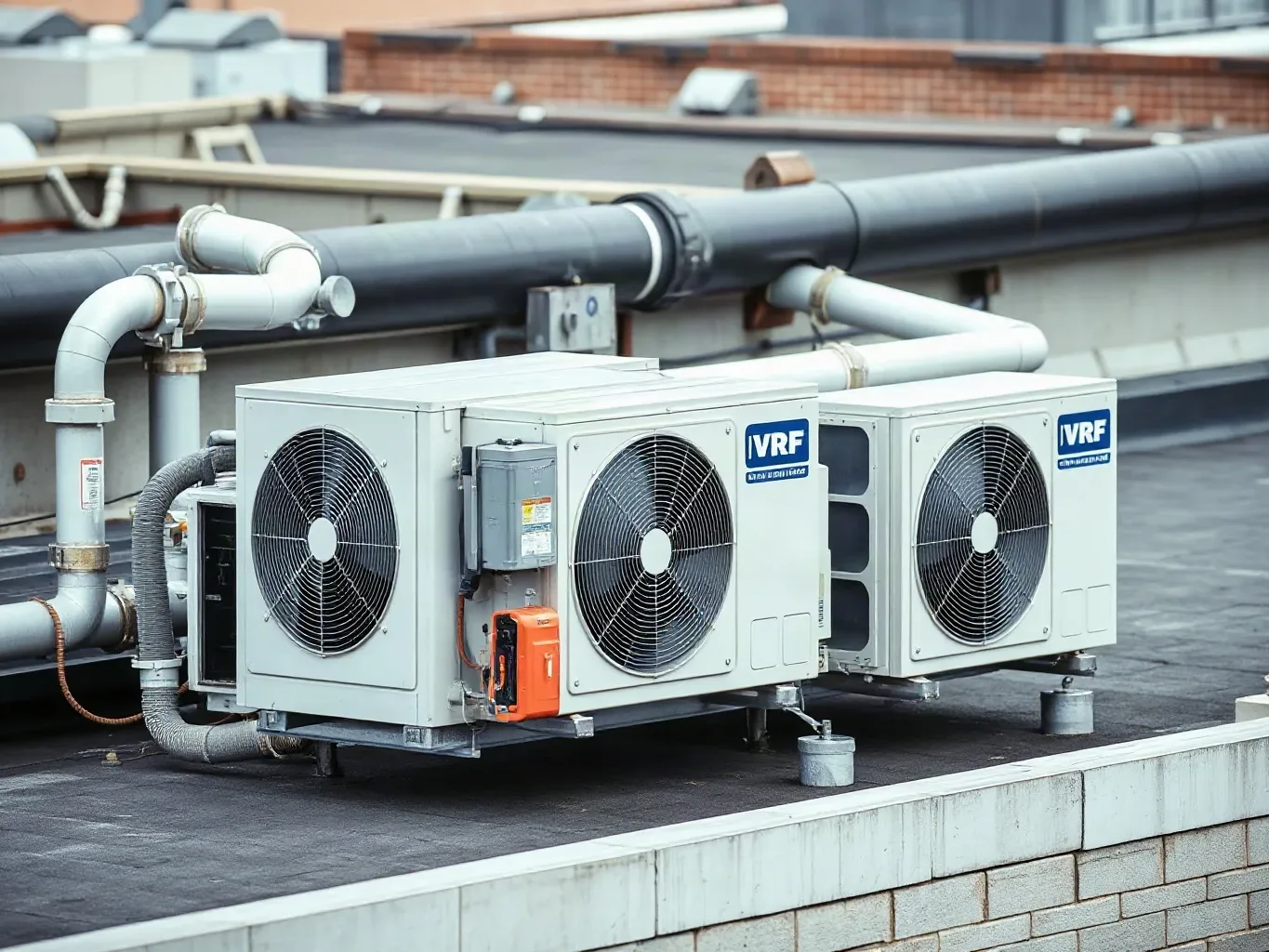 A VRF multi-split outdoor condenser unit mounted on a commercial rooftop with pipework entering the building
