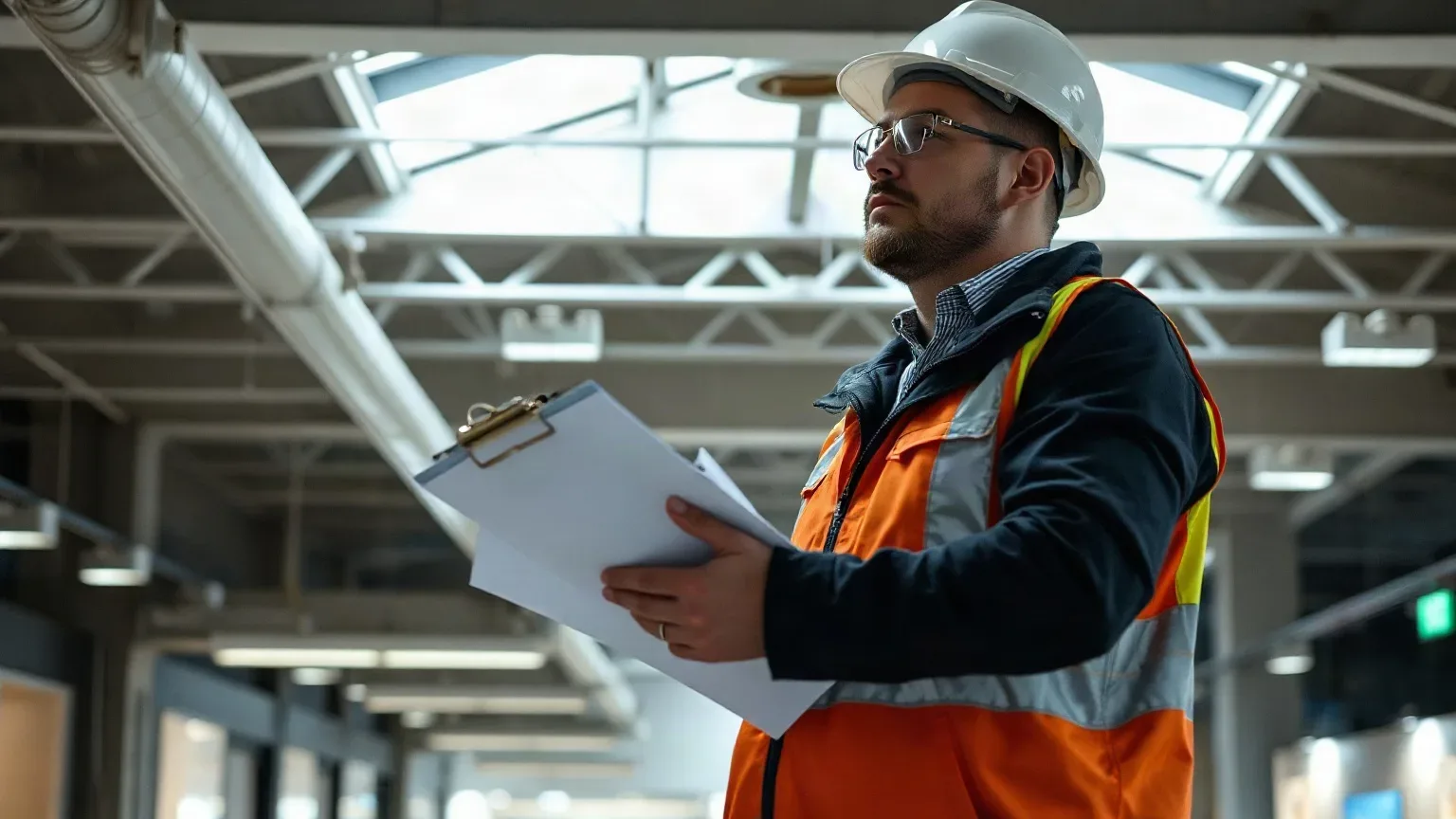 An engineer with a site survey clipboard assessing the ceiling space of an empty retail unit