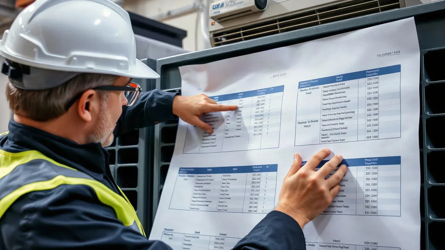 An engineer pointing to technical specification charts for different commercial AC systems on a large printed sheet