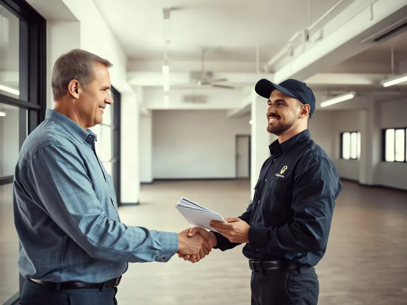 A business owner shaking hands with an AC installation company representative in an empty commercial space