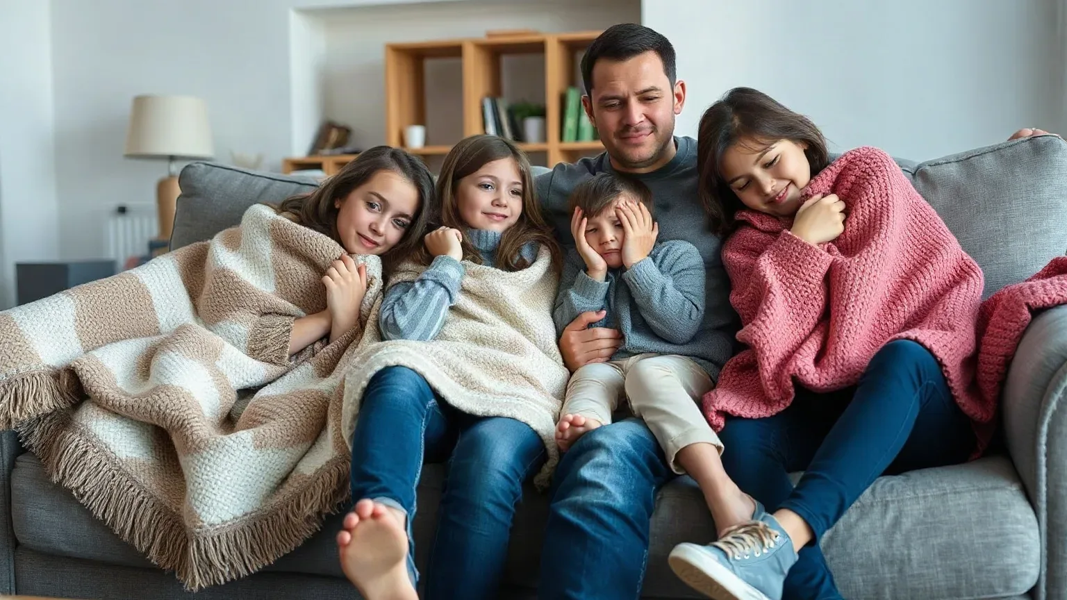 A family huddled under blankets on a sofa in a cold unheated living room