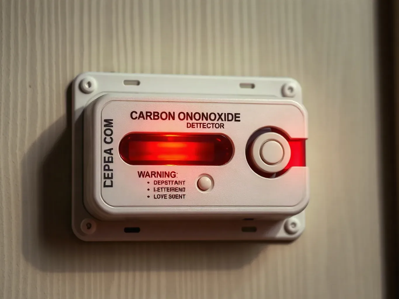A carbon monoxide detector alarm mounted on a wall displaying a red warning light
