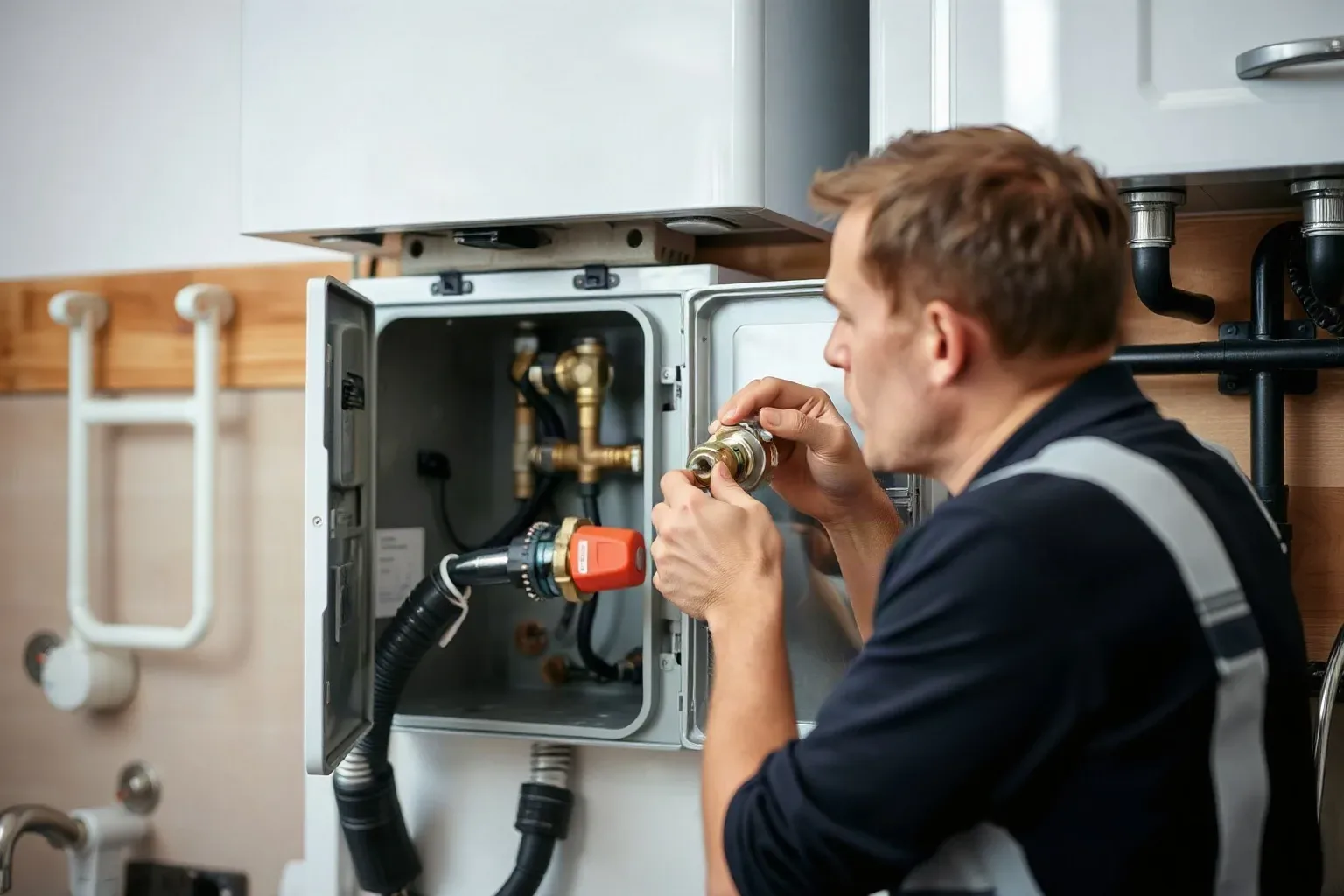 An engineer replacing a diverter valve component inside an open boiler casing on a kitchen wall