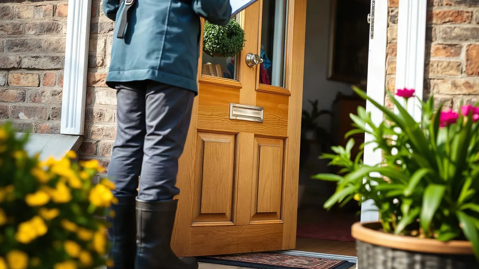 A person in a blue coat and black boots stands at an open wooden front door holding a clipboard.