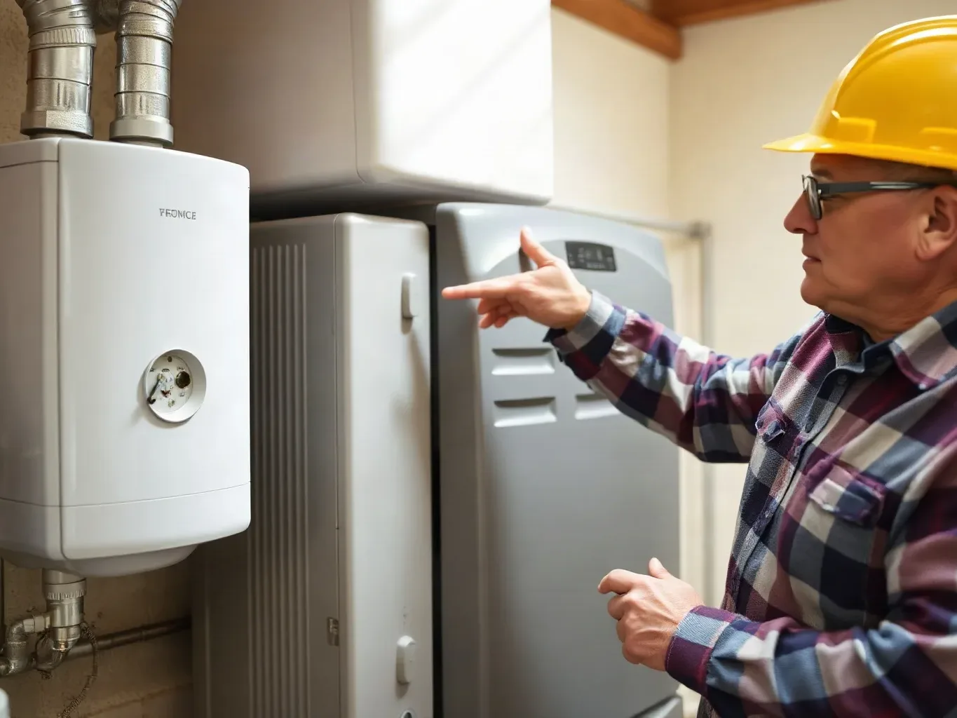 An engineer pointing at a worn boiler heat exchanger while explaining the issue to a homeowner