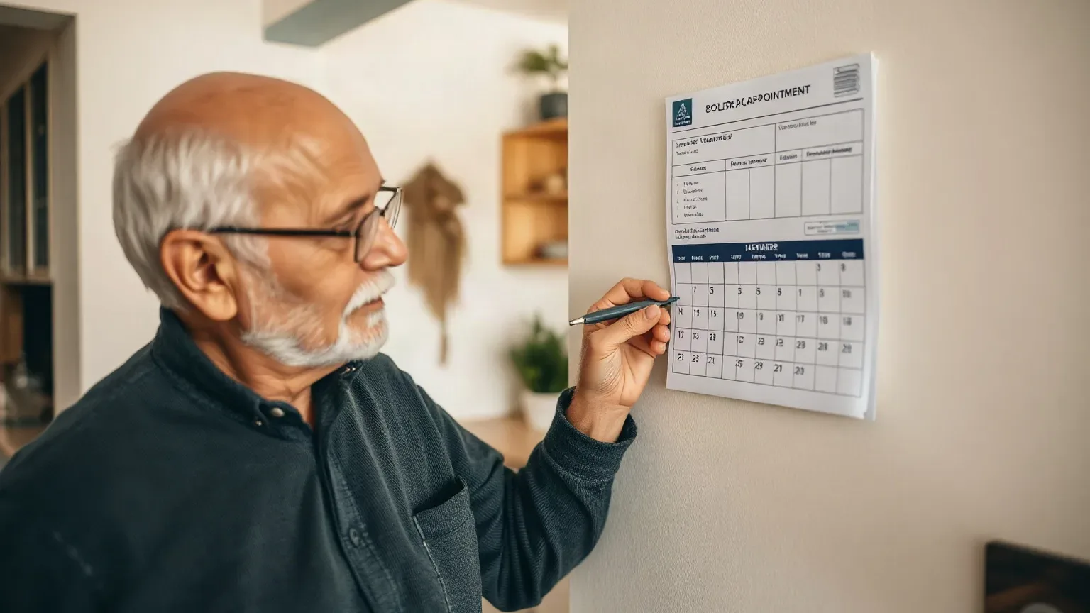 A homeowner writing the date of a boiler service appointment on a wall calendar in a kitchen