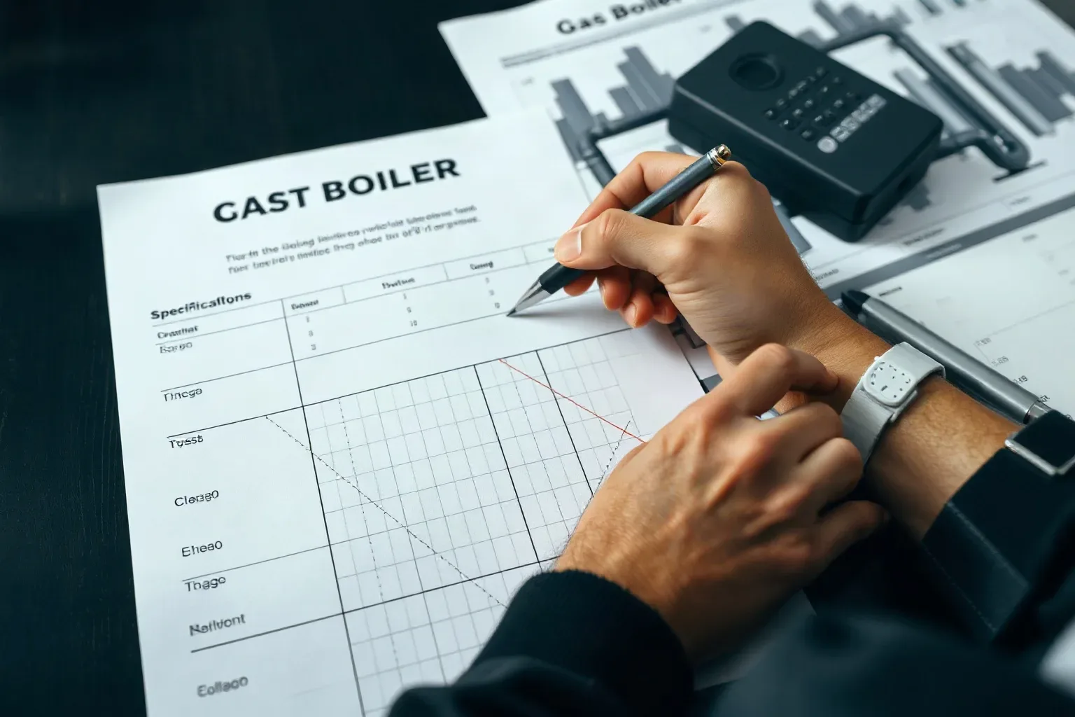 A hand writing a cost breakdown on graph paper next to a gas boiler specification sheet