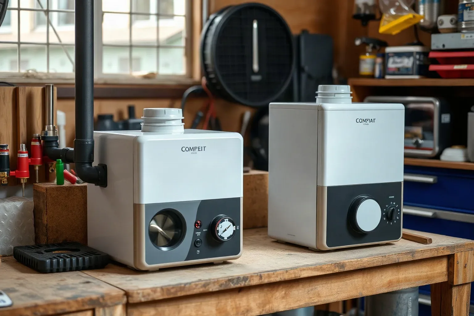 Two white appliances with dials and pipe fittings sit on a wooden workbench in a cluttered workshop