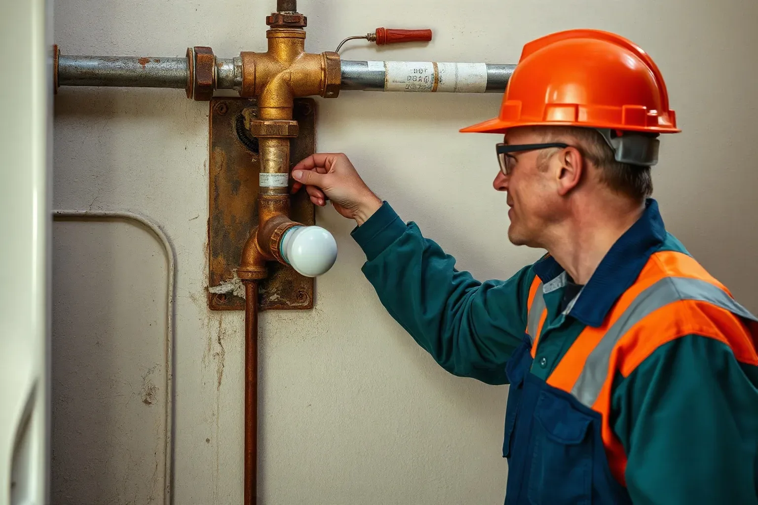 A worker in an orange hard hat and hi-vis vest inspects brass pipework mounted on a wall.