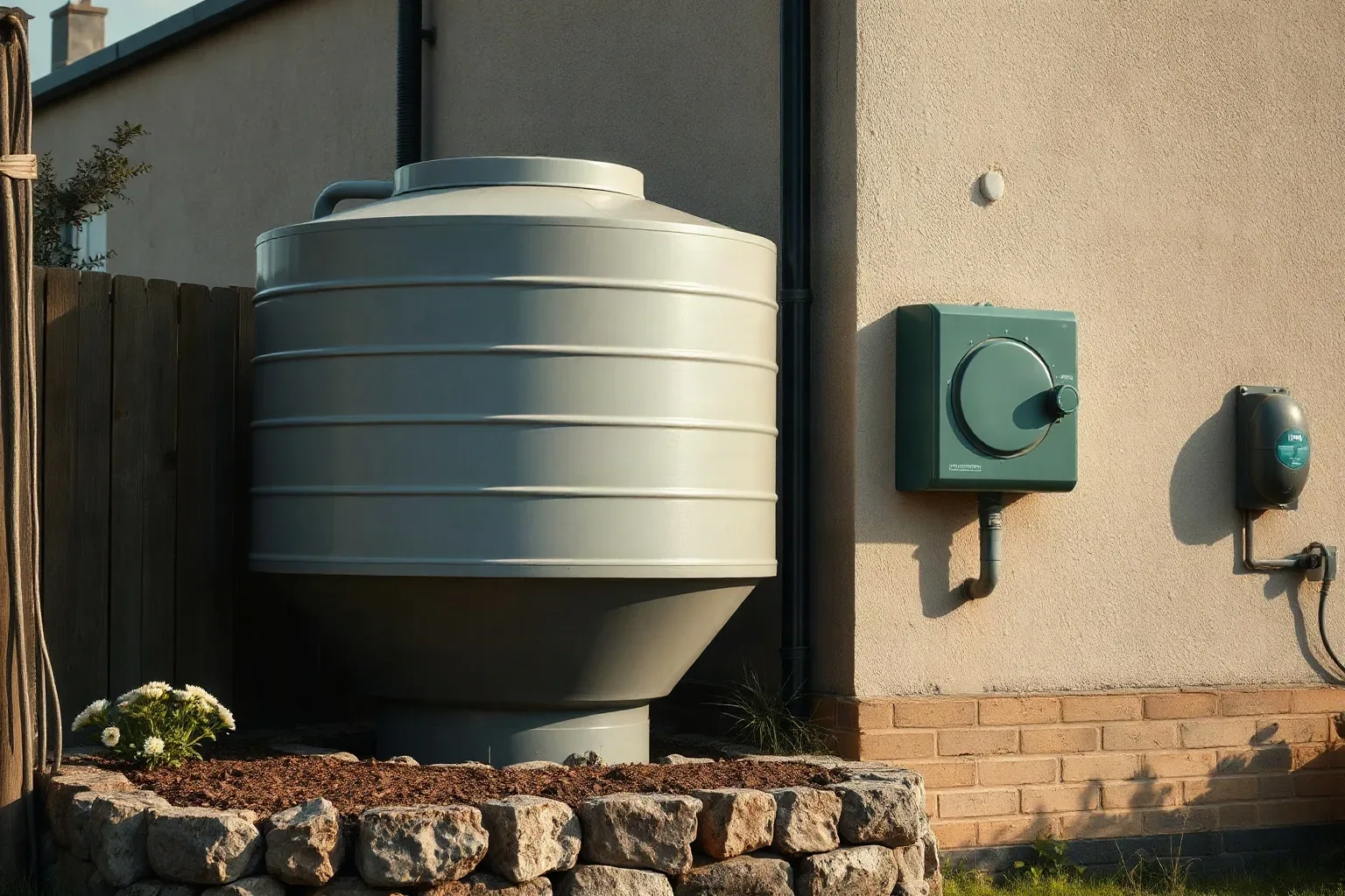 A domestic oil storage tank outdoors next to a gas meter box on an external wall