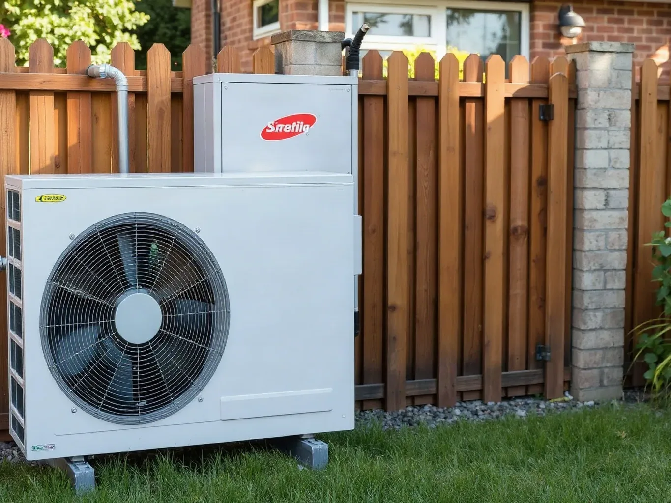 An outdoor heat pump unit installed beside a fence in a back garden with visible refrigerant pipes