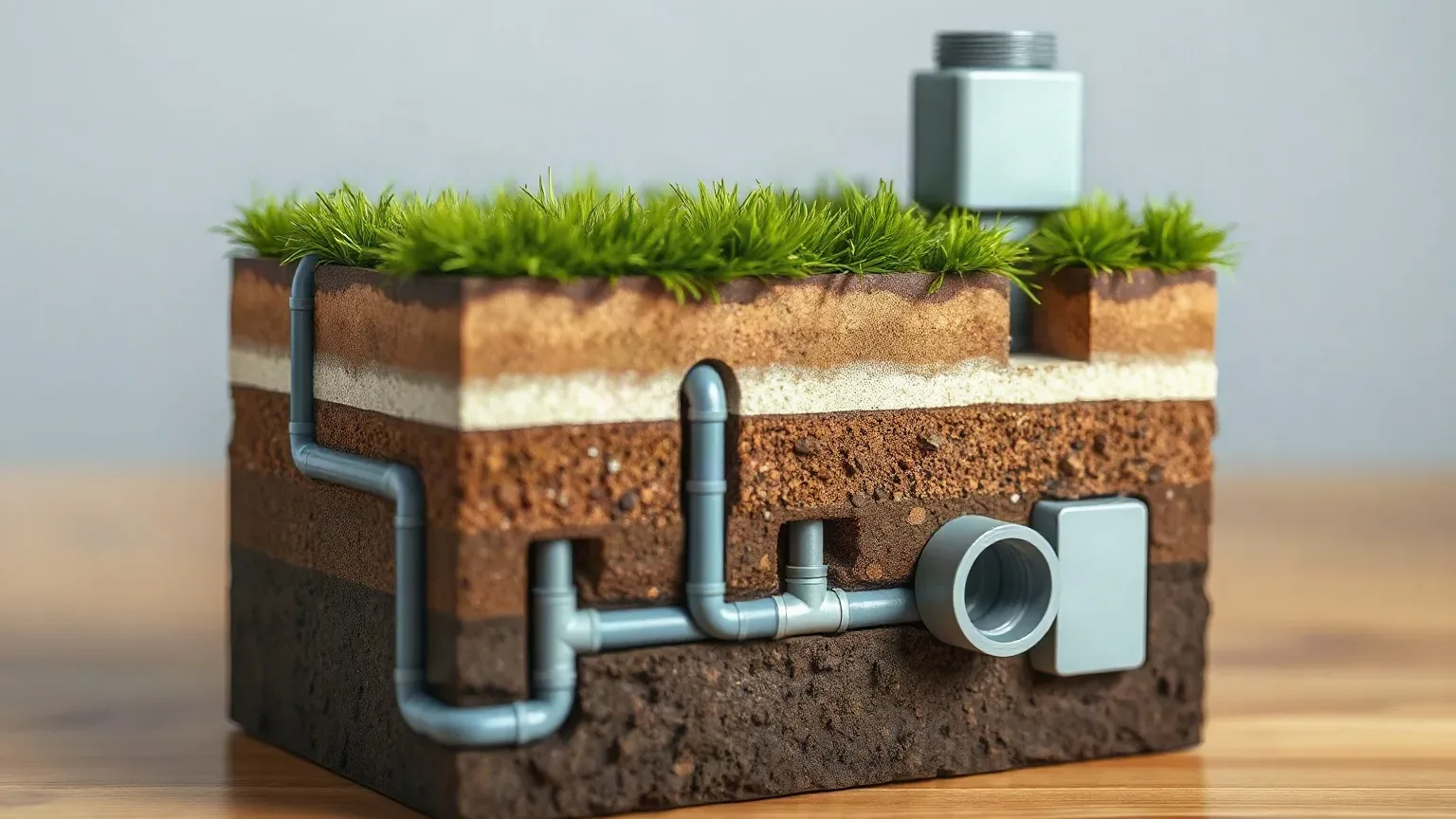 A cut-away cross-section physical model showing ground loop pipes buried beneath a lawn with a heat pump above