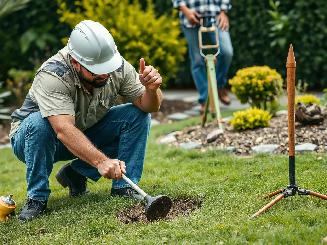An engineer crouching and pushing a soil probe into a garden lawn during a ground survey assessment
