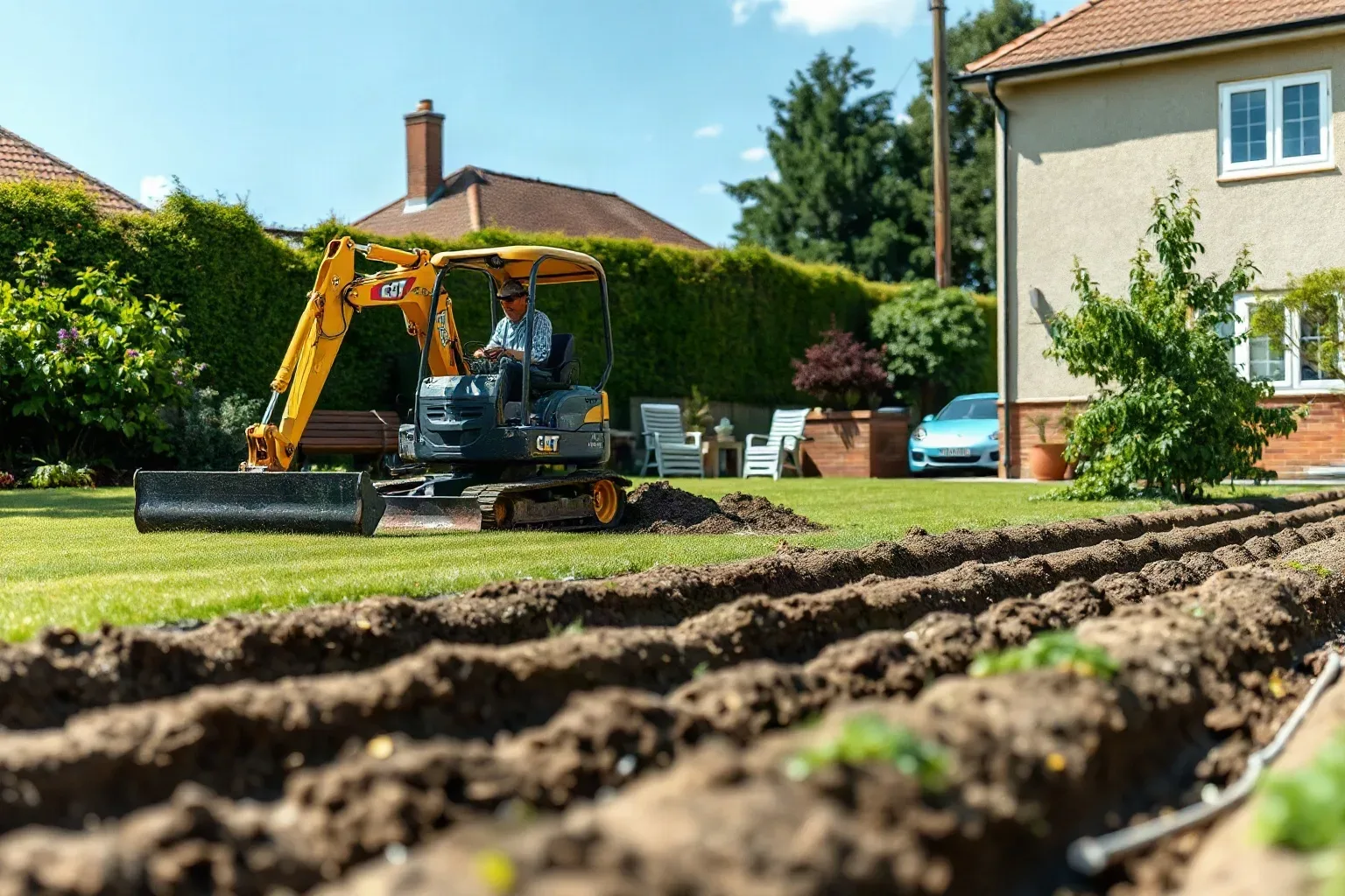 A small excavator digging horizontal ground loop trenches across a large rear garden
