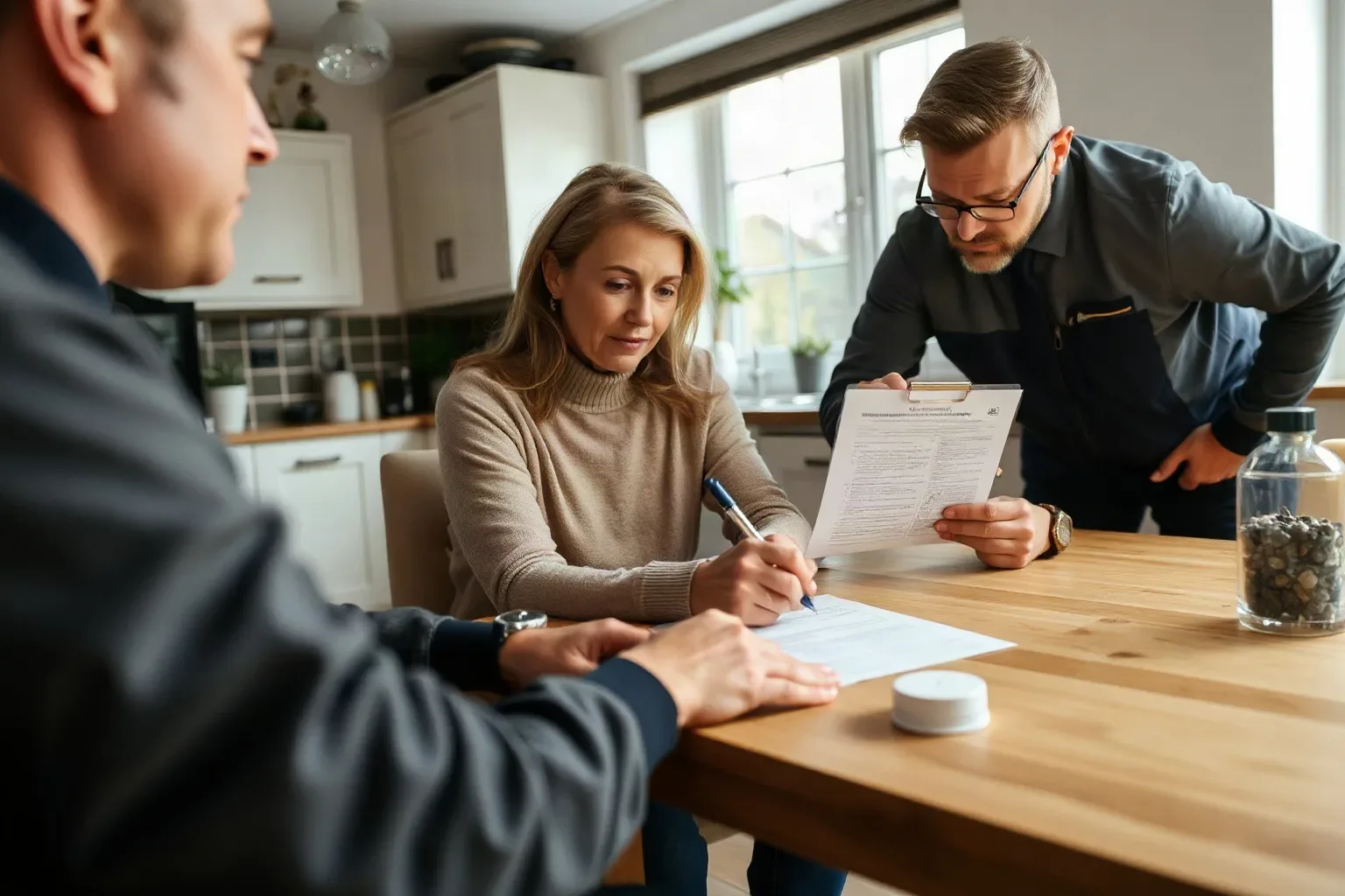 A homeowner signing a Boiler Upgrade Scheme application form at a kitchen table with an engineer present