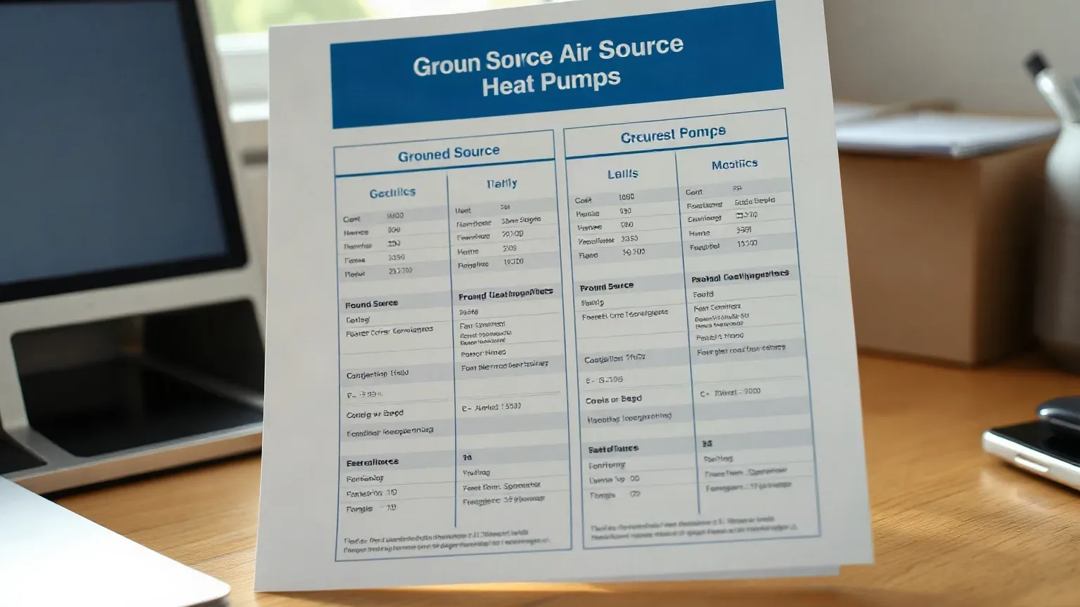 A printed side-by-side comparison sheet of ground source and air source heat pump specifications on a desk