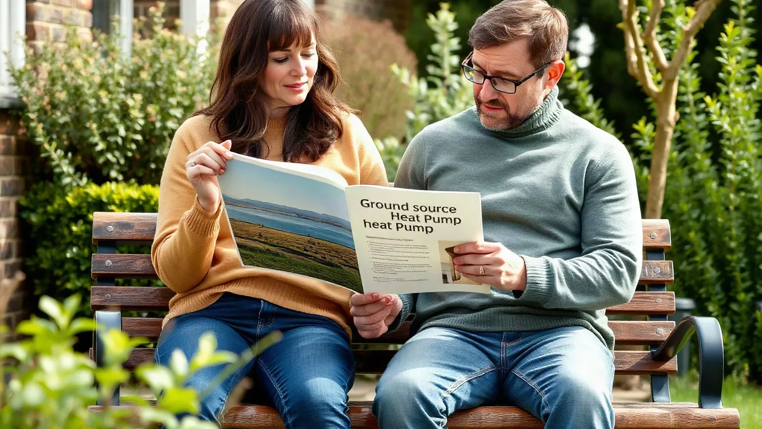 A couple reading a ground source heat pump information booklet together on a garden bench