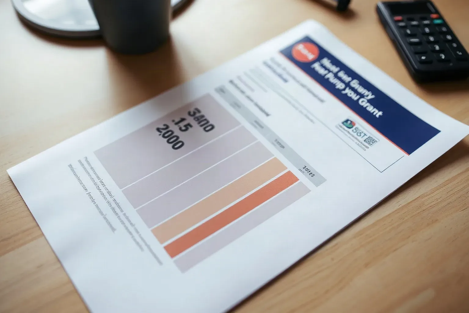 A printed summary of heat pump grant funding amounts and eligibility criteria laid on a desk
