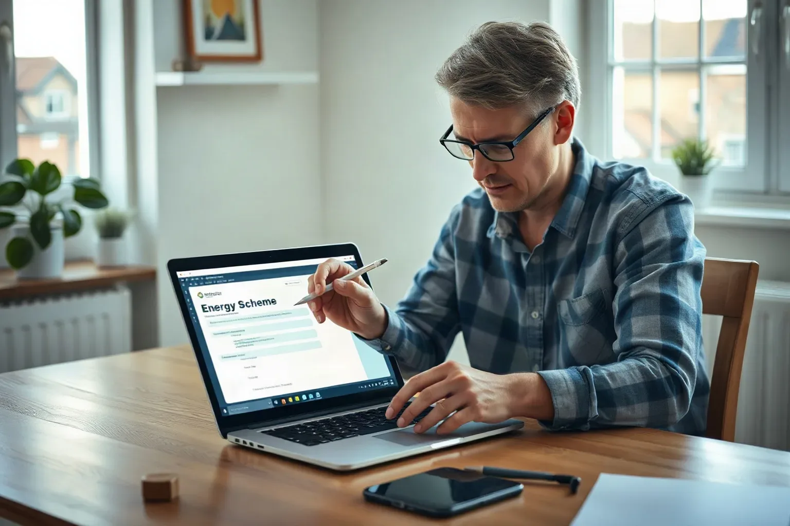 A homeowner filling in a loan application form for a home energy scheme at a desk with a laptop open