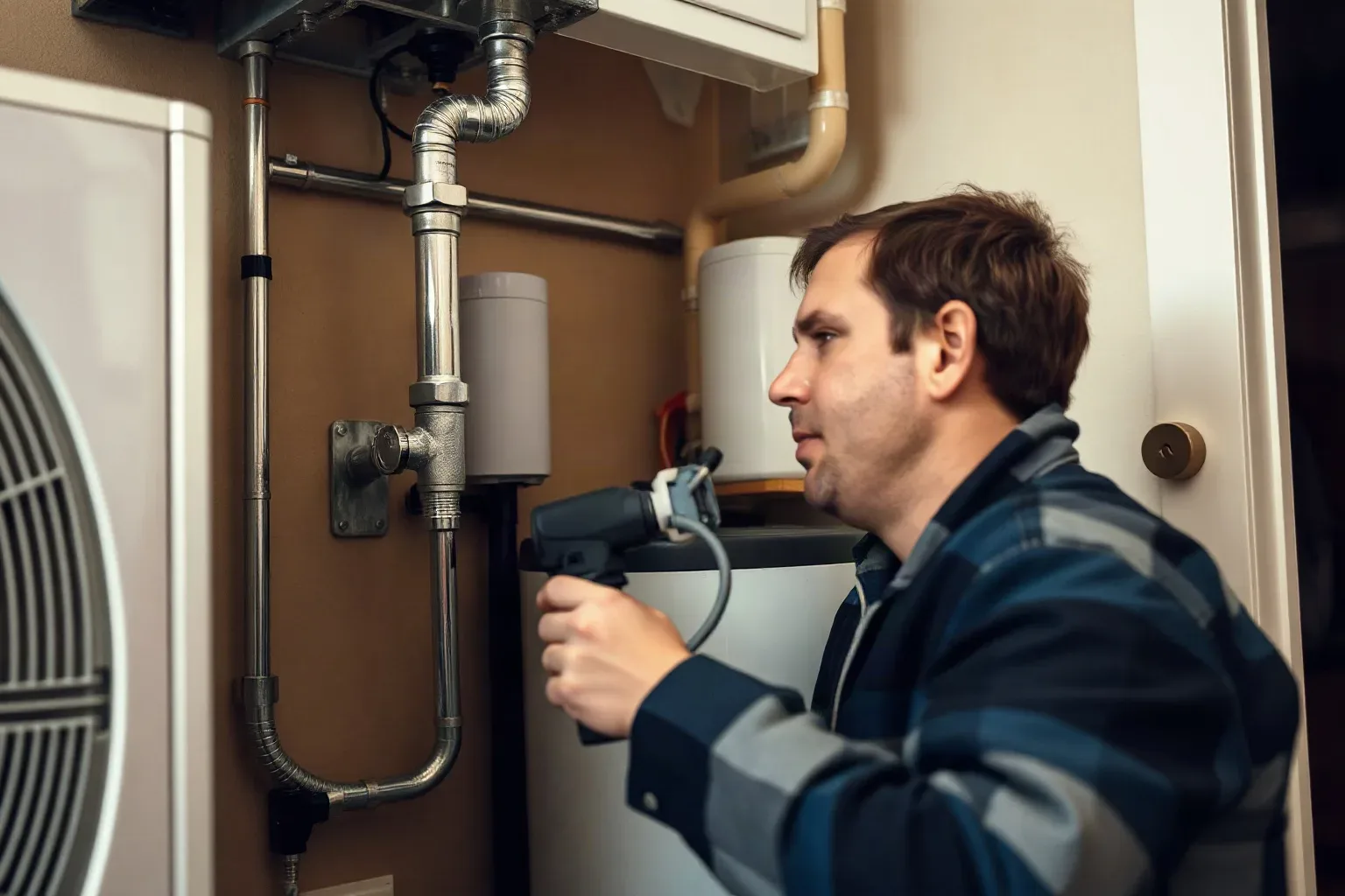 An engineer connecting the final pipework on a newly installed heat pump to an indoor cylinder in a utility room