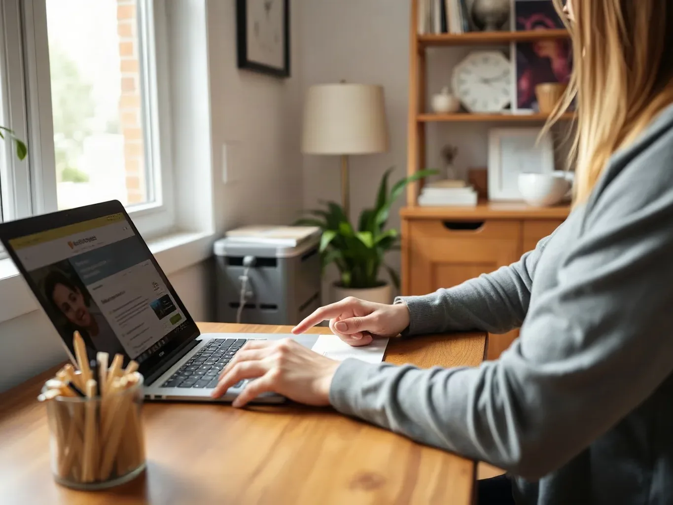 A homeowner submitting an online heat pump grant application on a laptop at a home desk