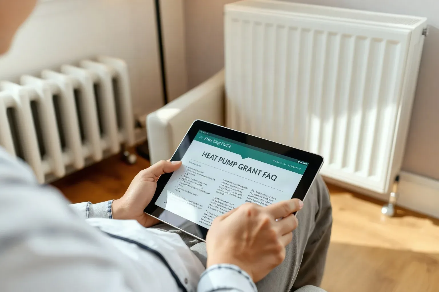 A person on a tablet reading through heat pump grant FAQs while seated in an armchair near a radiator