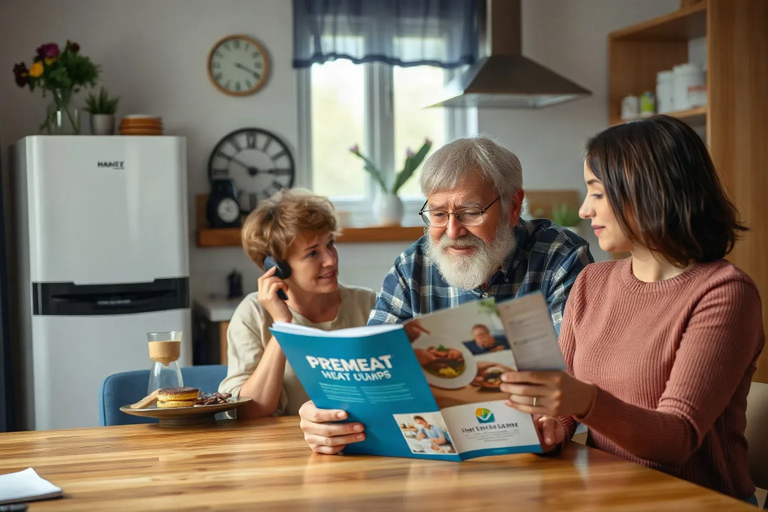 A homeowner comparing an old gas boiler and a heat pump brochure side by side at a kitchen table
