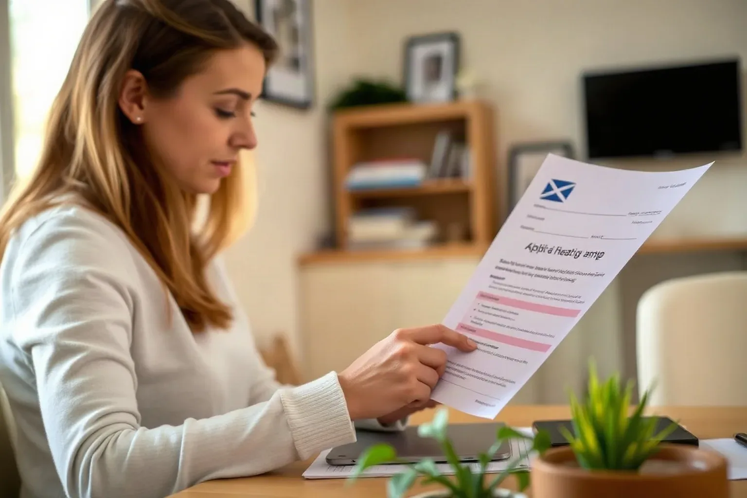 A homeowner reviewing a Scottish government grant application form for heat pump funding at a desk