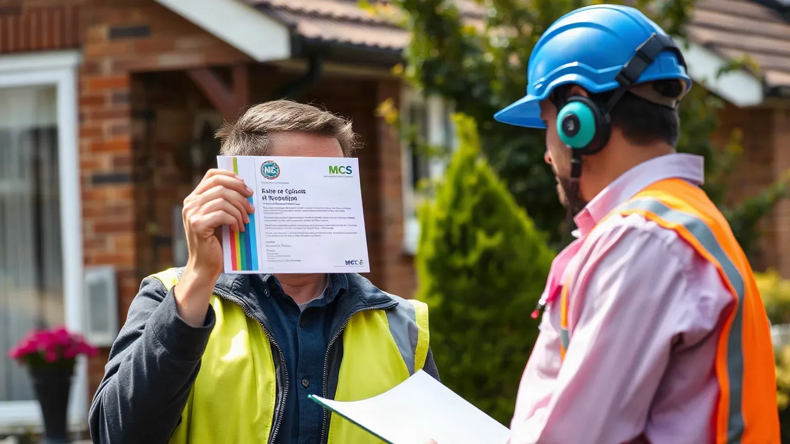 An MCS-certified engineer showing their accreditation certificate to a homeowner during a survey visit