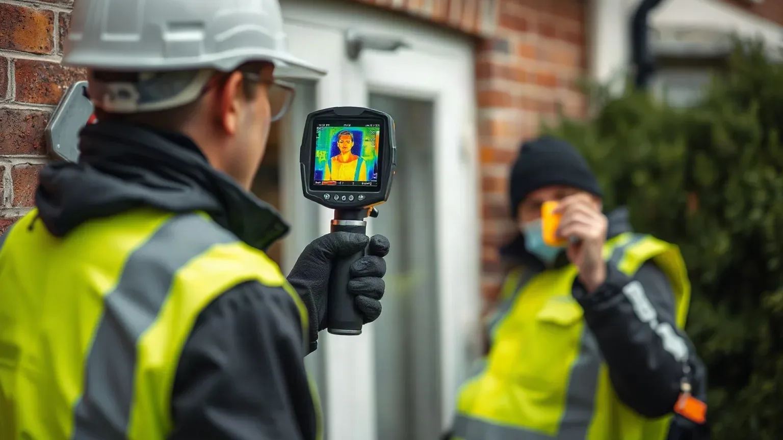 An engineer conducting a home heat loss survey, holding a thermal imaging camera pointed at an external wall