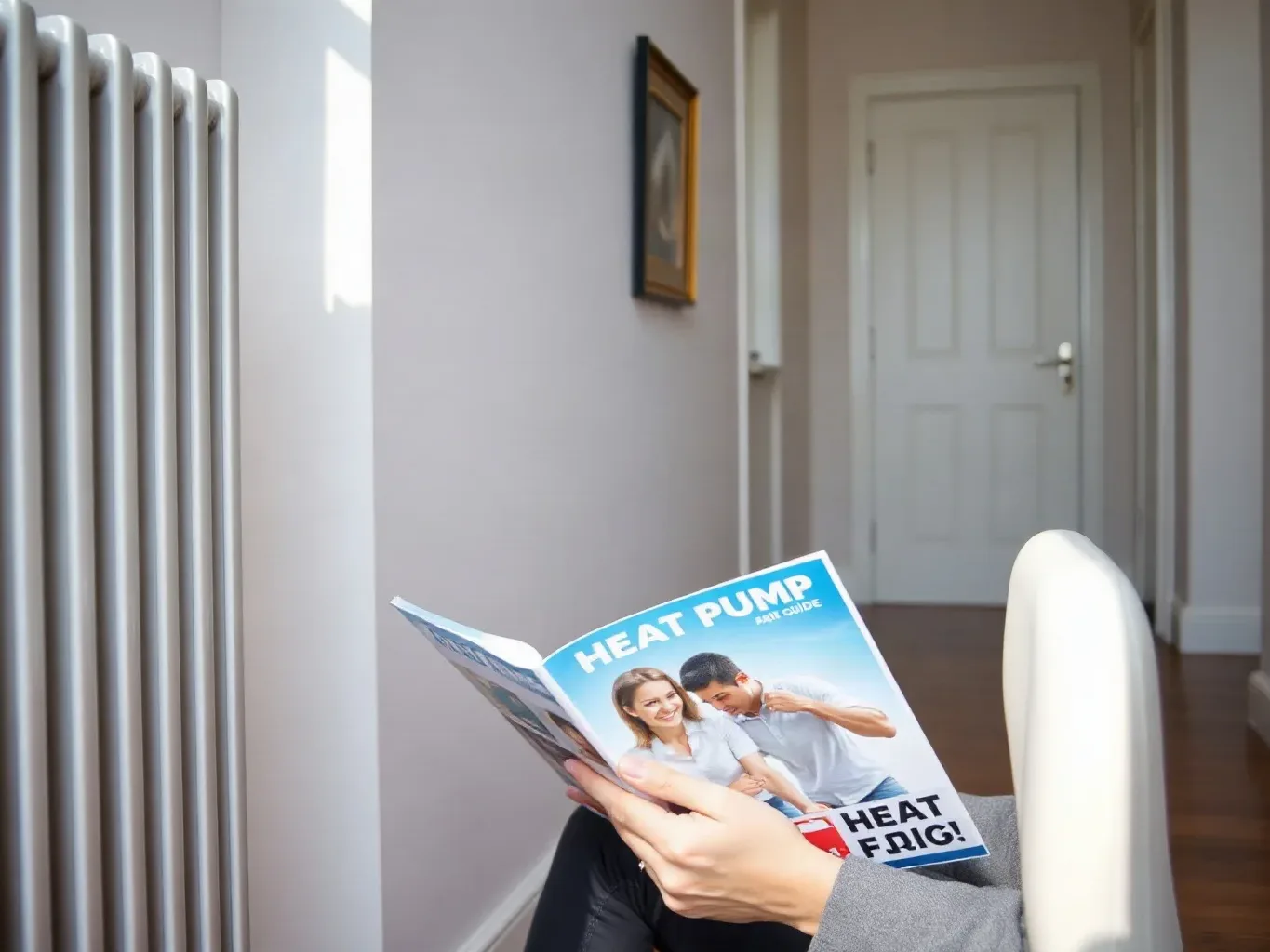 A person reading a heat pump FAQ guide booklet while seated near a modern radiator in a hallway